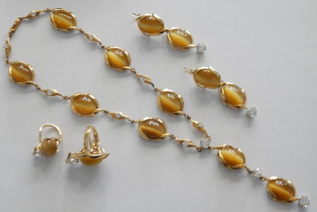 4pc 14K TIGER'S EYE CZ JEWELRY PARURE SET SIGNED (1 of 7)