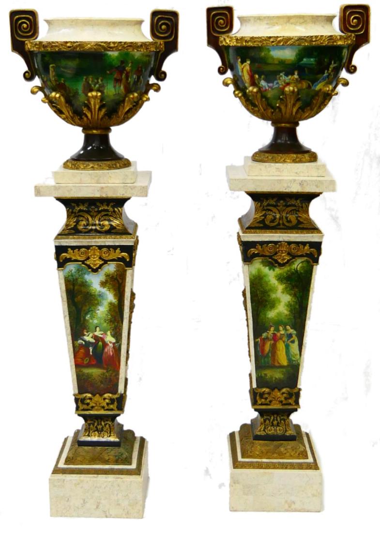 Pr PALATIAL MARBLE HAND PAINTED PEDESTALS w URNS (1 of 12)