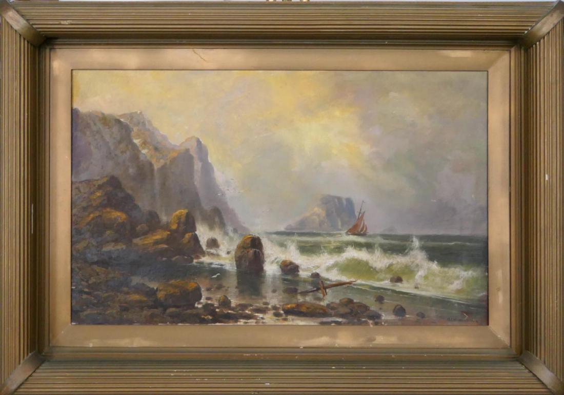 O. LINDQUIST 19th CENTURY MARINE OIL ON CANVAS: Signed O. Lindquist marine oil painting depicting a coastal scene with sail ship. Signed "O. LINDQUIST" to lower right and dated 1892. Canvas on stretcher measures approx. 22" height x 36 1/2" width (