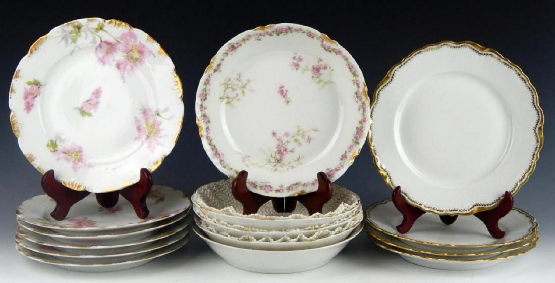 15pcs ANTIQUE LIMOGES PORCELAIN PLATES AND BOWLS: A lot of 15 antique Limoges French hand painted porcelain salad / dessert plates and bowls with floral designs and gilt accenting. Includes 5 Haviland & Company bowls with Arthur Kaye retailer stamp m