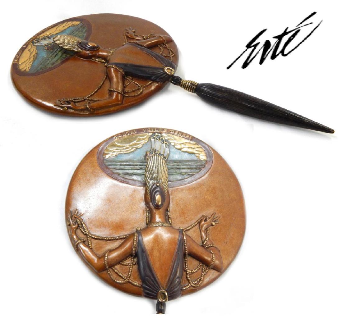 ROMAIN DE TIRTOFF (FRENCH 1892-1990) HAND MIRROR: Romain De Tirtoff "Erte" (FRANCE / NEWY YORK / RUSSIAN FEDERATION, 1892 - 1990) a most interesting Art Deco "All Sails Out" nautical design vanity hand mirror crafted of heavy bronze depicting a woman