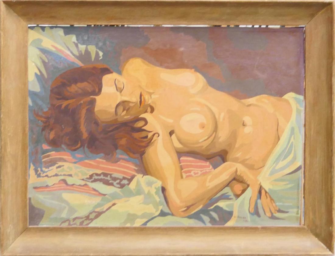 MID CENTURY W. HELLER NUDE OIL PAINTING ON BOARD: Charles-Edouard Jeanneret Le Corbusier (SWITZERLAND / FRANCE, 1887 - 1965) hand signed color lithograph depicting an abstract design. Initialed in the print to lower right and numbered 20 / 8 / 63. Pe