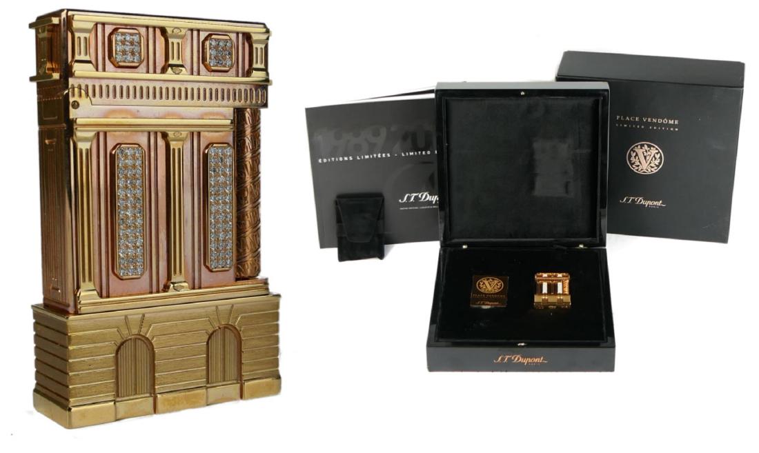 RARE ST DUPONT 18K RG DIAMOND PACE VENDOME LIGHTER: An elusive and impressive Simon Tissot Dupont, France, limited edition of 35, "Place Vendome" butane lighter crafted of 18k rose gold and accented throughout with 192 round brilliant cut genuine diamo