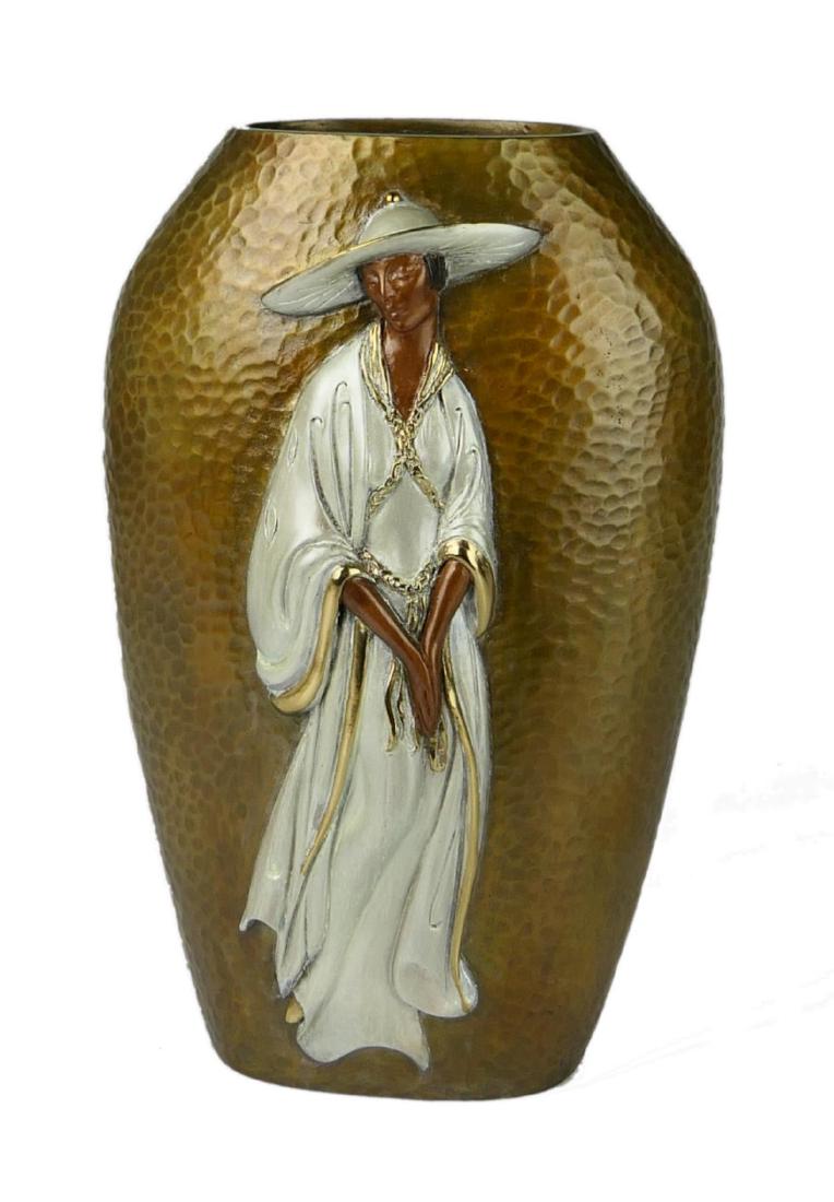 ERTE (FRENCH 1892-1990) "CHAPEAU" BRONZE VASE: Romain De Tirtoff "Erte" (FRANCE / NEWY YORK / RUSSIAN FEDERATION, 1892 - 1990) bronze vase titled "Chapeau" having a hammered design throughout with raised cold painted women in Asian inspired layere
