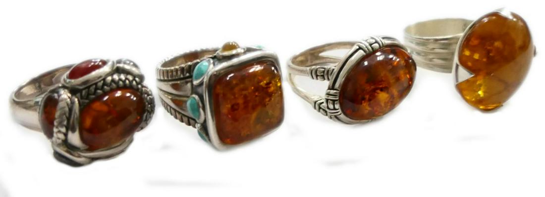 LOT OF 4 STERLING SILVER AMBER & GEMSTONE RINGS (1 of 9)