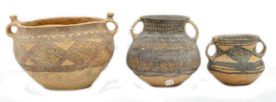 LOT OF 3 CHINESE NEOLITHIC POTTERY HANDLED VASES (1 of 6)