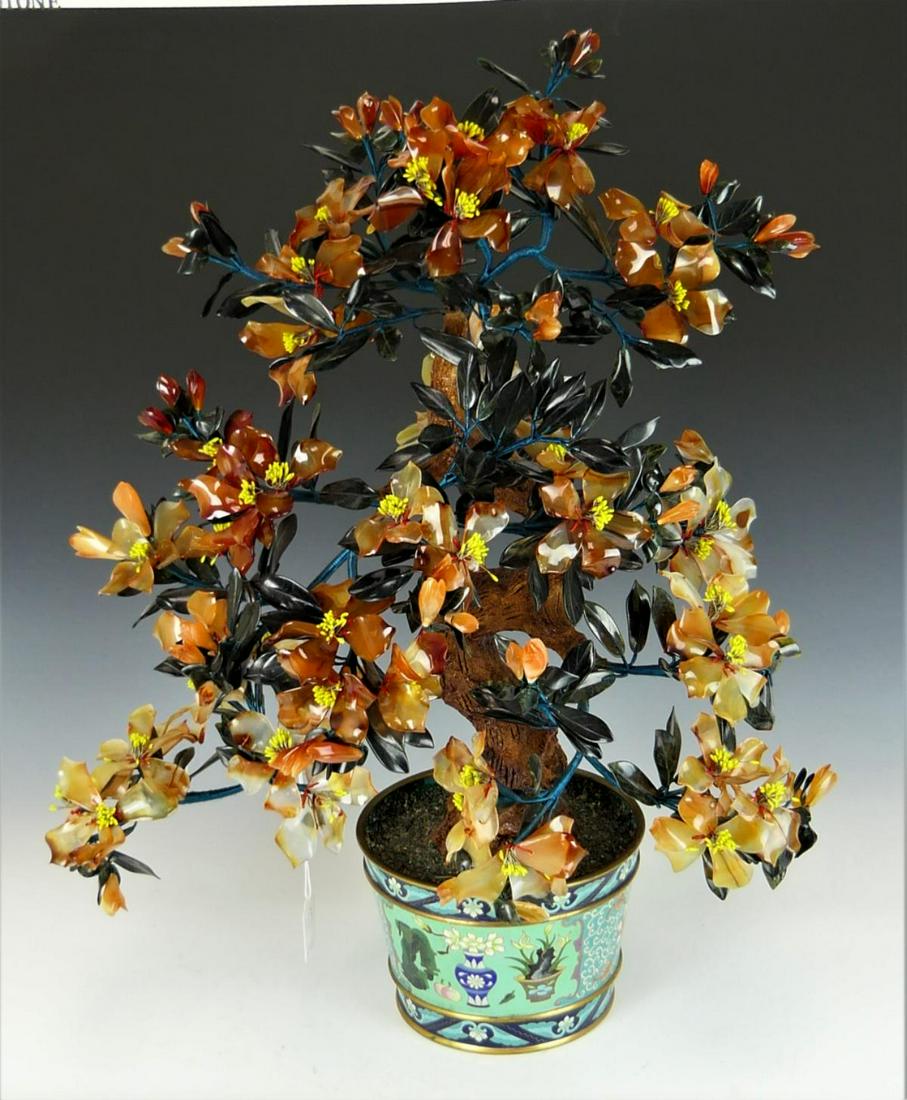 CHINESE FIGURAL CARNELIAN JADE CLOISONNE TREE (1 of 6)