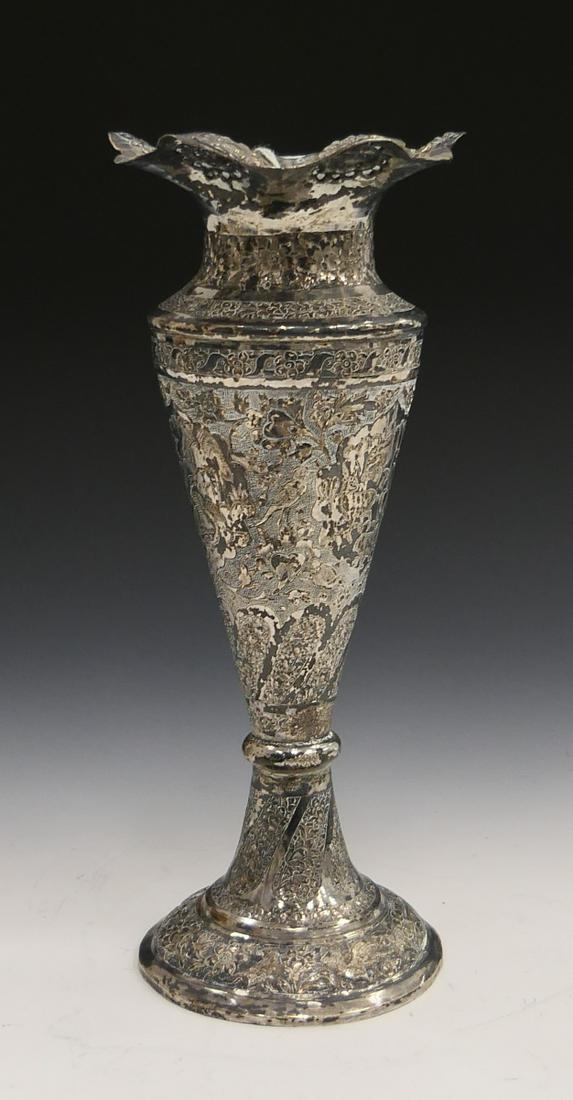 PERSIAN SEMI ANTIQUE SILVER TRUMPET VASE ETCHED (1 of 7)
