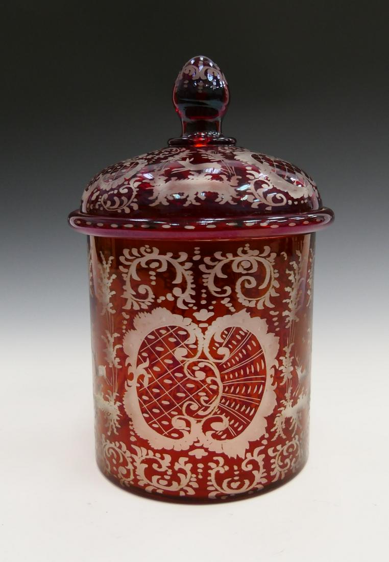 CZECH ETCHED RUBY GLASS LIDDED JAR (1 of 5)