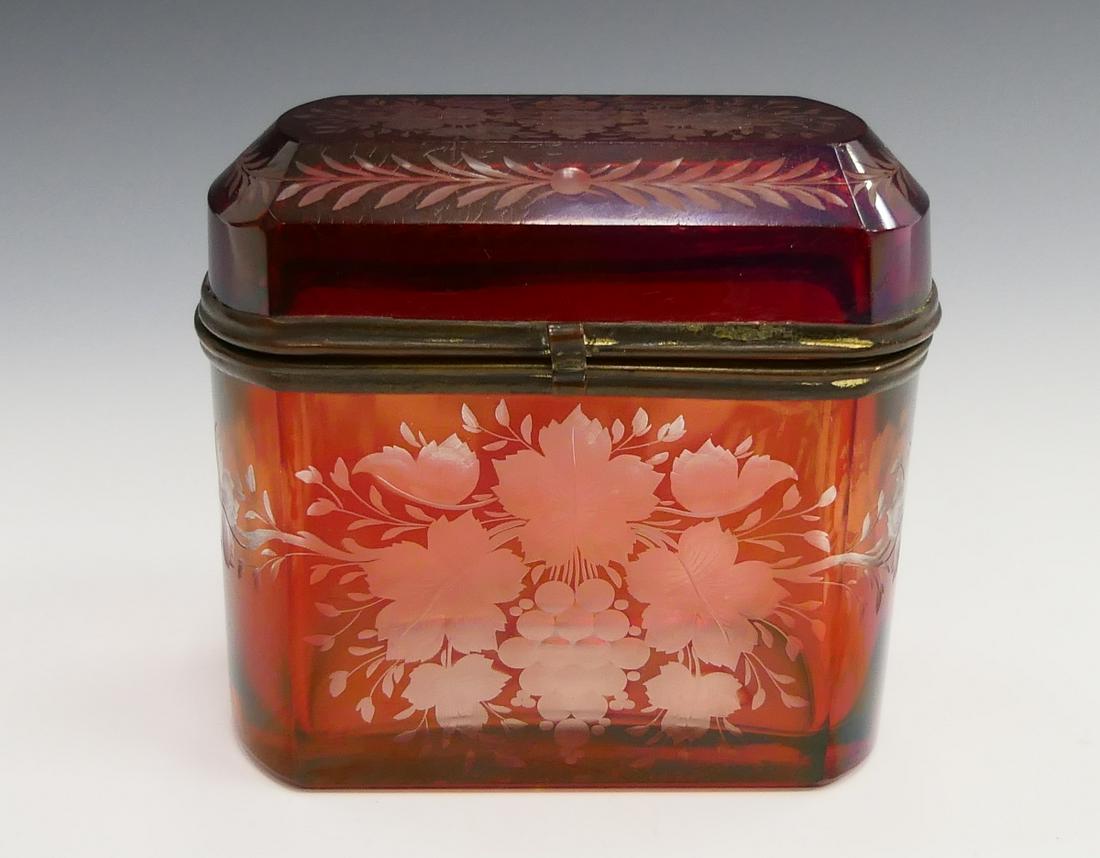 FINE CONTINENTAL ETCHED RUBY CUT / CLEAR GLASS BOX (1 of 5)
