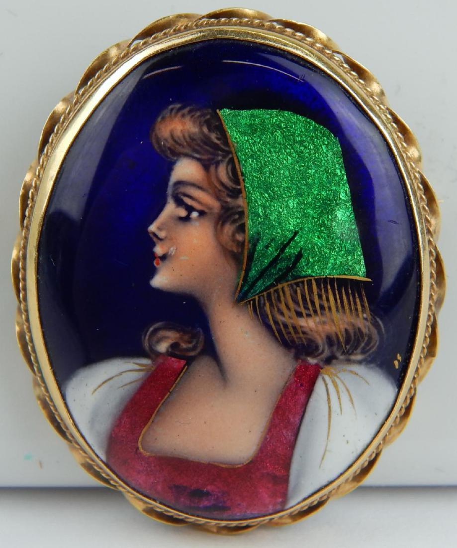 VINTAGE 14KG FRENCH ENAMELED PORTRAIT BROOCH PIN (1 of 10)