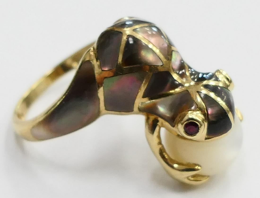 14KT Y GOLD & ENAMELED FROG RING WITH PEARL (1 of 5)