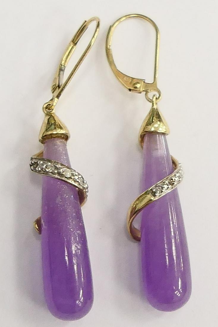 CHINESE NATURAL LAVENDER JADE & 14KT GOLD EARRINGS: Each just under 1 1/2" marked 14kt with small diamond accents, Property of a Palm Beach Lady. Total weight 6.8 grams, and 4.3dwt. Third party shipping is required