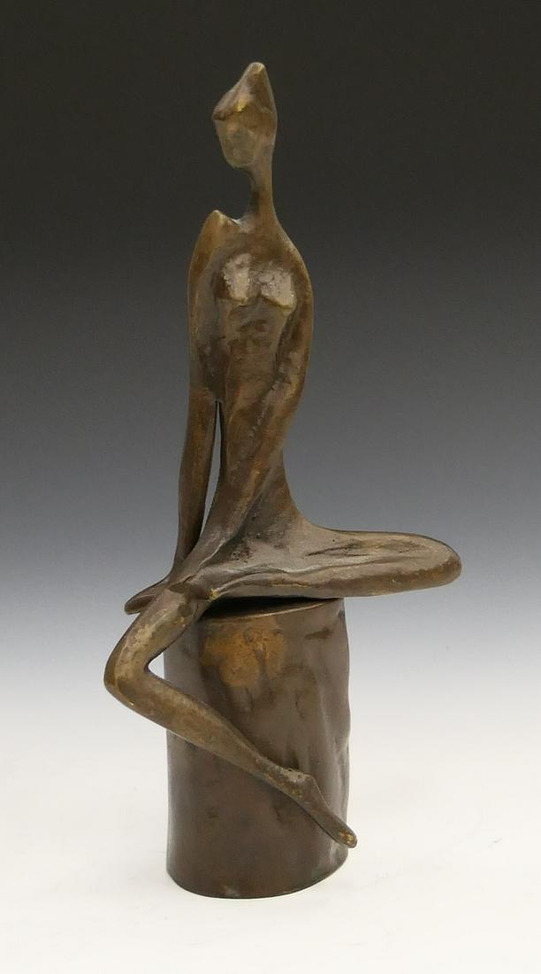 JD HANSEN (USA 20th/21st C) ABSTRACT BRONZE FIGURE: J. D. Hansen (UNITED STATES, 20th / 21st century) abstract bronze sculpture depicting a seated nude female. Signed "JD" to appied plaque on verso. Measures approx. 9 1/4" height (23.5cm).