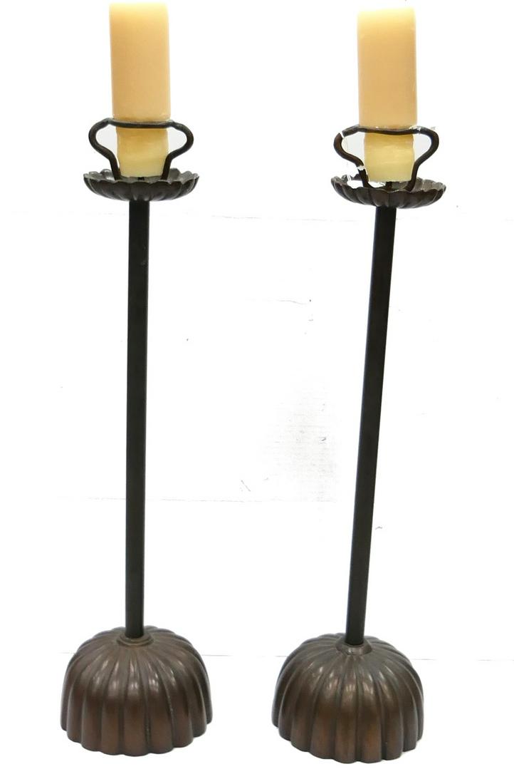 PAIR OF BRONZE FINISH METAL CANDLEHOLDERS (1 of 3)