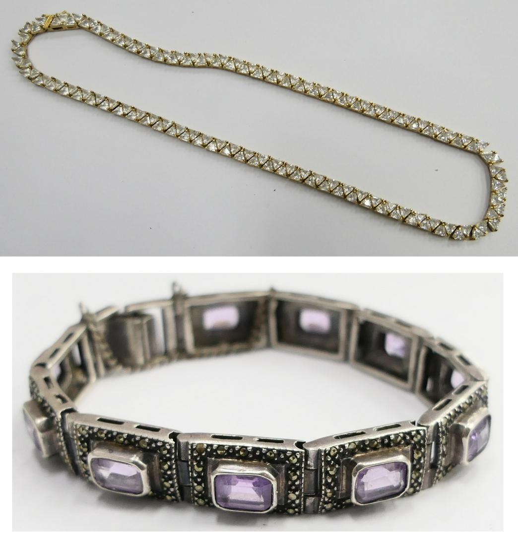 LOVELY STERLING NECKLACE AND VINTAGE BRACELET: Necklace has cz, and measures 16" long, marked 925, along with a vintage sterling amethyst and marcasite 7" bracelet. Third party shipping required