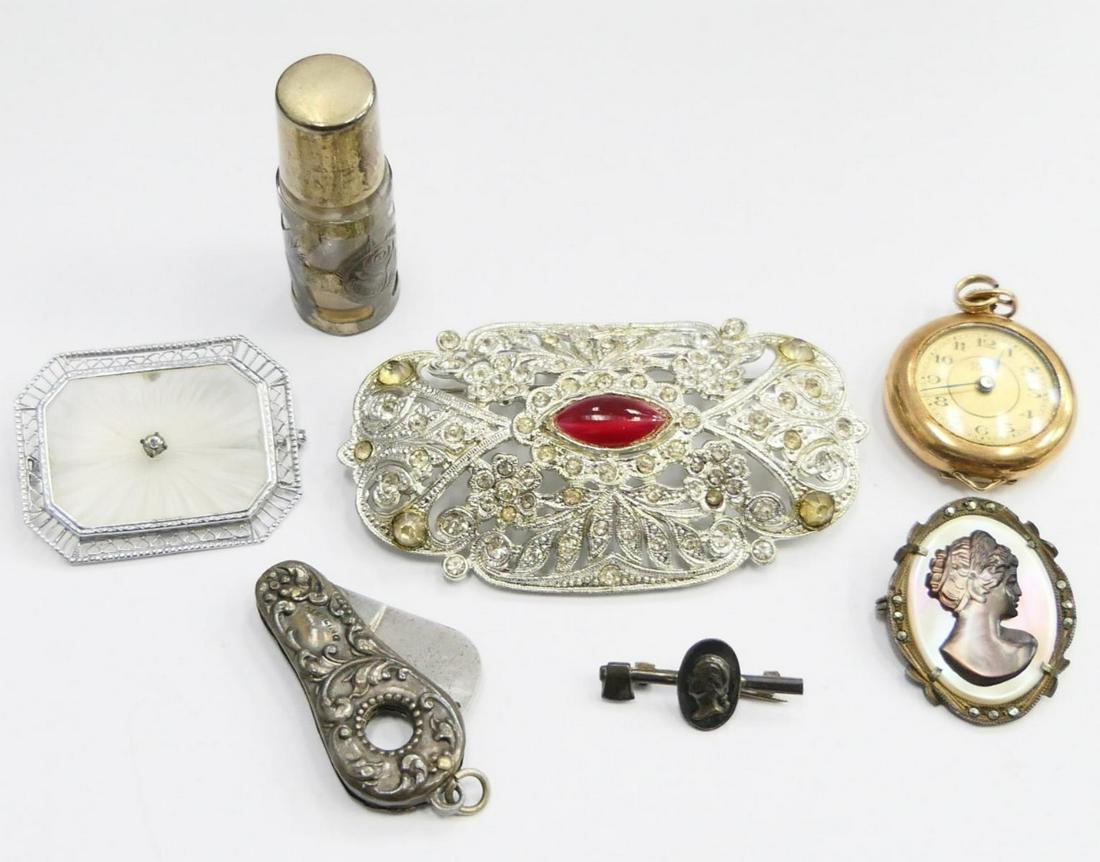LOVELY LOT OF COSTUME & STERLING OBJECTS D: To include; small mexican sterling pen knife, intaglio cameo in sterling pin, small pocket watch, George Washington small pin, Small Mexican overlay perfume bottle, La velier , and large P.T.C. Brooch