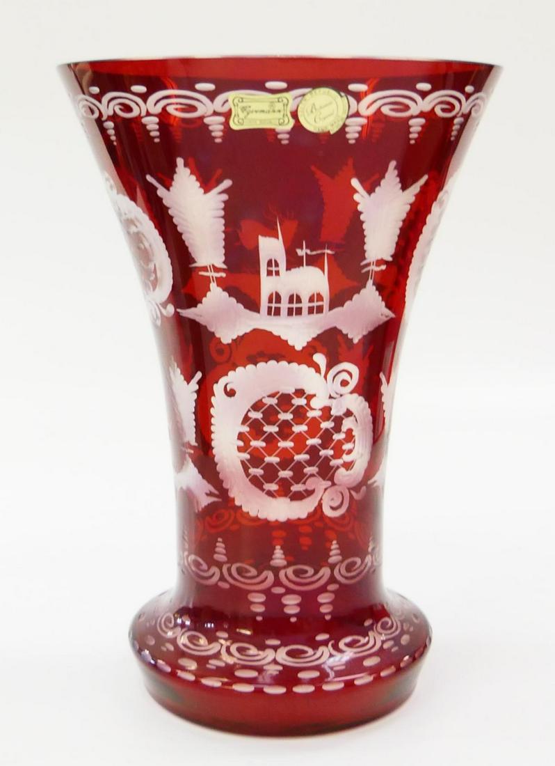 CZECH CRANBERRY CUT TO CLEAR LARGE VASE: CZECH CRANBERRY CUT TO CLEAR LARGE VASE,
