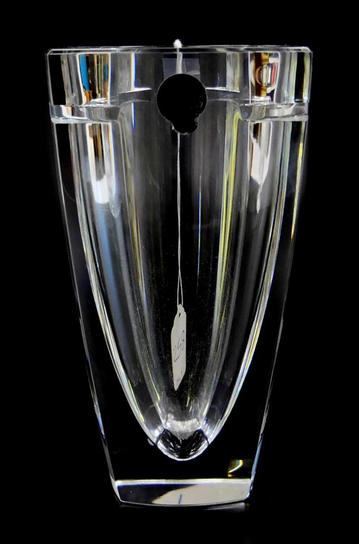 WATERFORD HEAVY CUT CRYSTAL ART DECO VASE: Waterford Irish cut crystal square form vase with an art deco design. Acid mark to bottom and retains factory label to bottom. Measures approx. 7" height x 3 7/8" width (17.8cm x 9.8cm).
