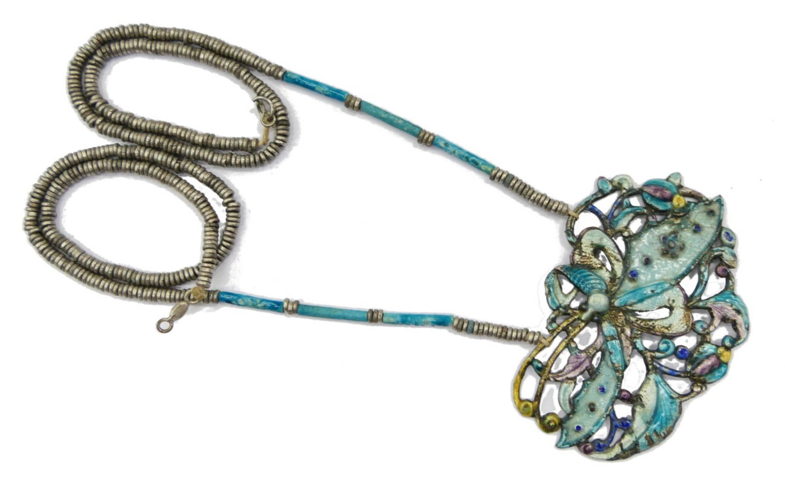 ANTIQUE CHINESE SILVER CLOISIONNE BIRD NECKLACE: Silver beaded chain measures 26" long, with light blue enameling. Pendant measures about 3" with multi colored enameled love bird design. Excellent condition. Third party shipping is required