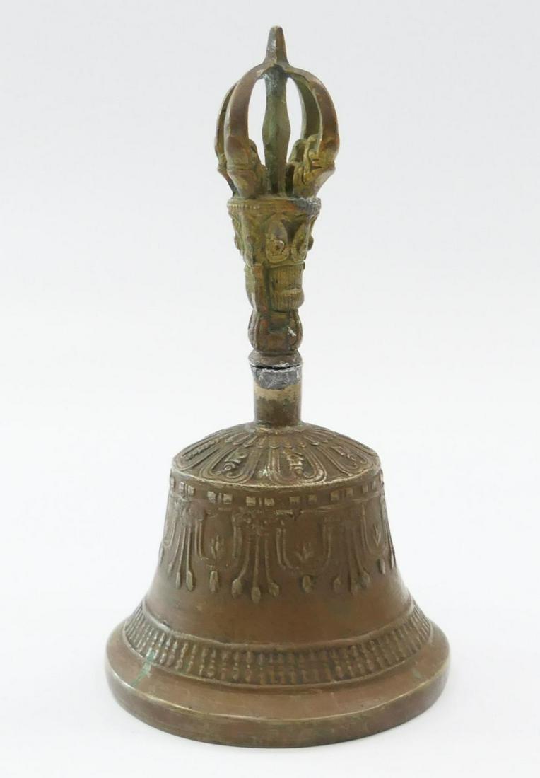 VINTAGE TIBETAN DORJEE BUDDHIST BELL: Measures 6 3/4" tall, in excellent condition. brass, design probably early 20th century. Third party shipping required