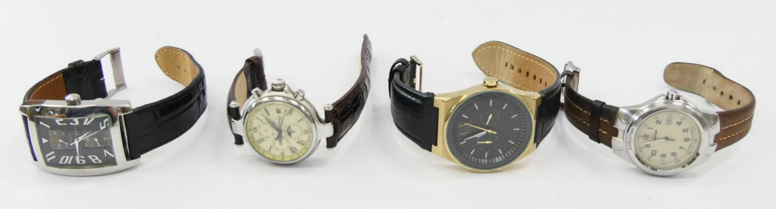 LOT OF 4 DESIGNER SIGNED MEN'S WRISTWATCHES: A lot of 4 designer signed gent's watches to include: Armani Exchange model AX2013, Steinhausen Automatic model H4651 (works), Timex Expedition Indiglo model 905-SS and a Guess model G85745G. Largest