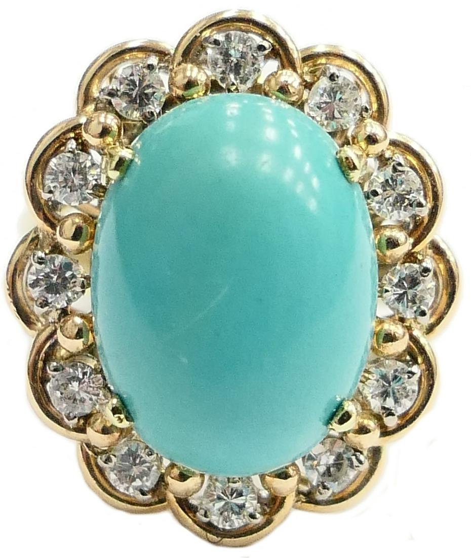 FABULOUS LARGE 14KT Y .G. DIAMOND & TURQUOISE RING: Size 7, large oval turquoise stone, accented with 12 small round brilliant diamonds. Each diamond about .02 cts for a total of about .25 cts. Ring is signed J.G. jewelry. Total weight 5.4 dwt. Excelle