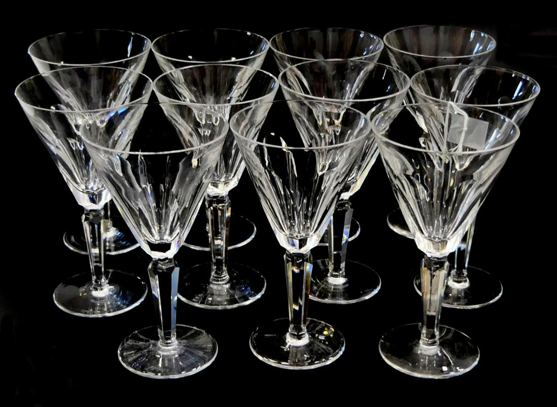 11 WATERFORD CRYSTAL "SEILA" CLARET WINE GLASSES: A lot of 11 Waterford Irish crystal claret wine glasses in the "Sheila" pattern with the cut stem. Each measures approx. 6 1/2" height x 3 5/8" diameter (16.5cm x 9.2cm).