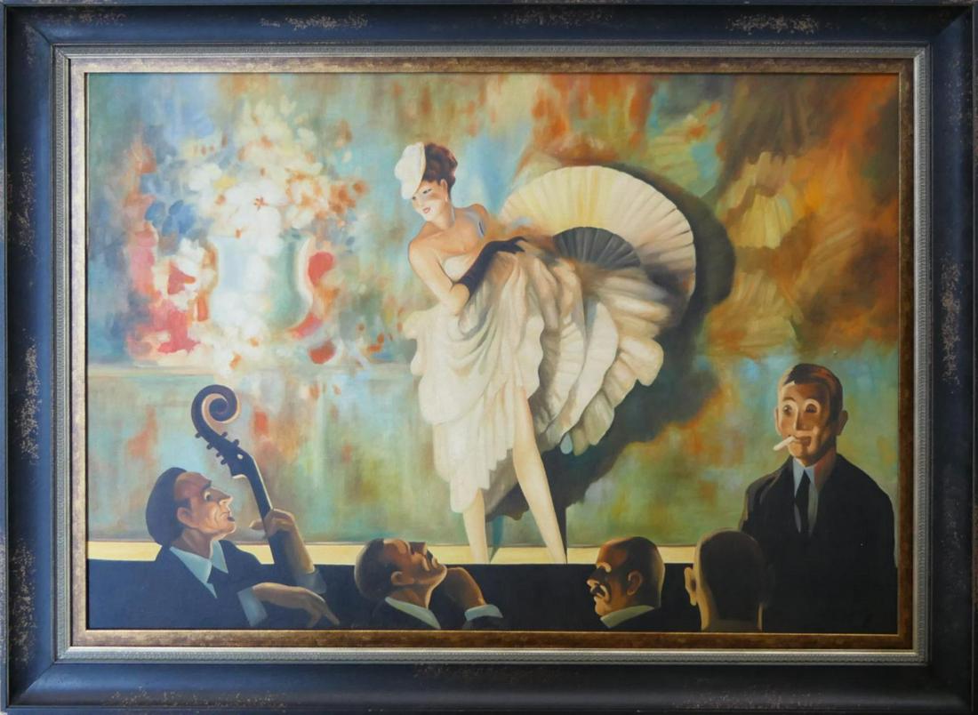 EVERETT SHINN (USA 1876-1953) LARGE OIL ON CANVAS: After Everett Shinn (UNITED STATES / NEW YORK / PENNSYLVANIA, 1876 - 1953) large oil painting on canvas depicting a theatre scene. Signed to lower left. Mounted in a black painted wooden frame. Canvas