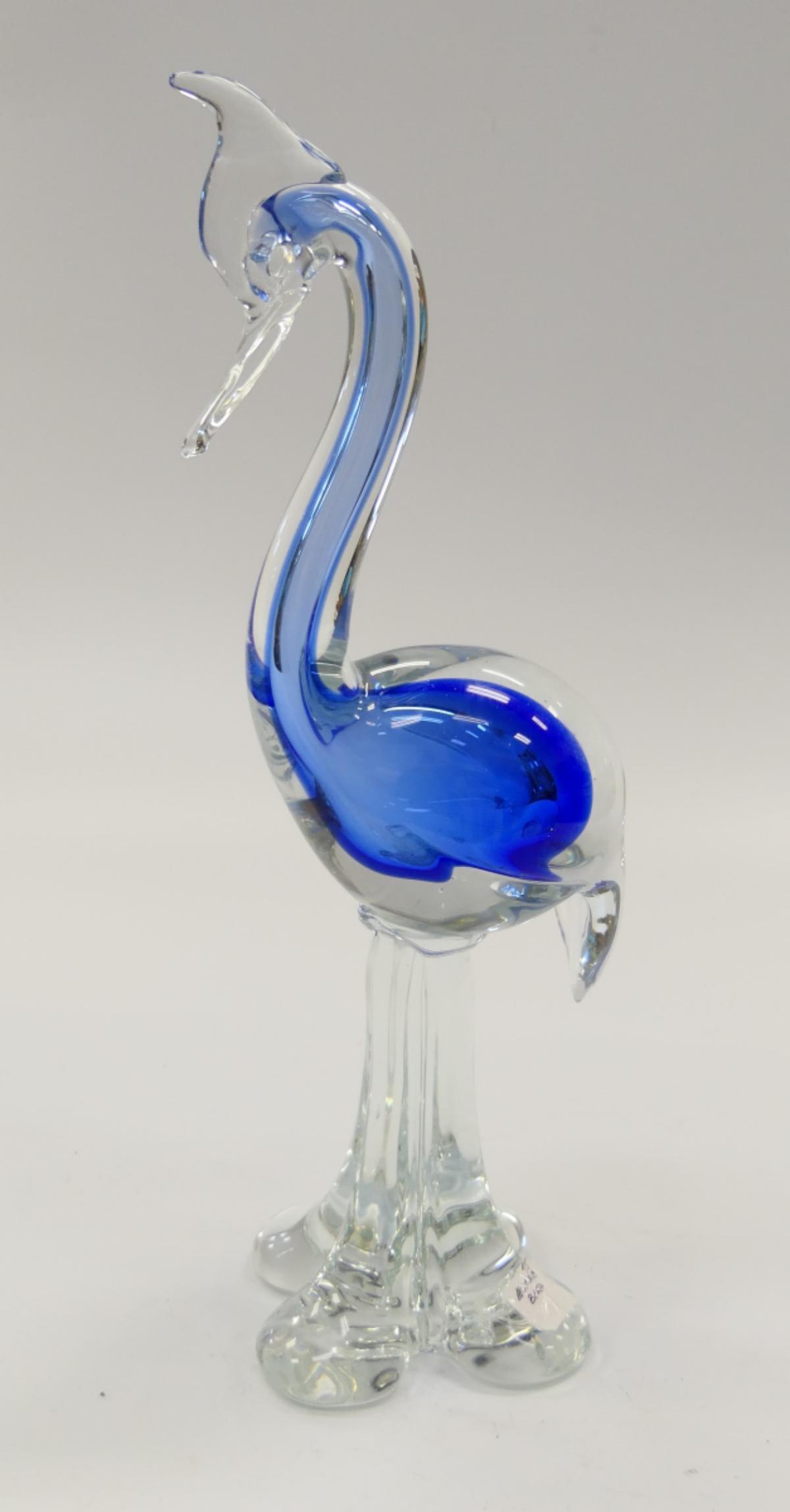 BARBINI STYLE MURANO STANDING BIRD SCULPTURE: Murano Italian studio hand blown art glass Alfredo Barbini style standing bird sculpture having a cobalt blue interior to clear design. Measures approx. 16 1/8" height (41cm).