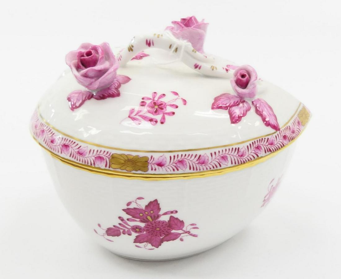 LARGE HEREND CHINESE ROSE COVERED HEART BOX: 6" Herend covered heart shaped box with 3 large relief roses and branches adorning the top of the box. 4" in height with lid on the box. Overall excellent condition . Blue Herend stamp mark to base. T
