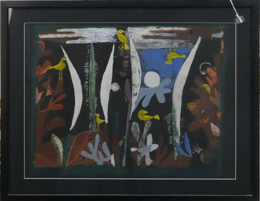 PAUL KLEE (SWISS 1879-1940) ABSTRACT COLOR LITHO: Paul Klee (SWITZERLAND / GERMANY, 1879 - 1940) abstract color lithograph depicting a landscape scene with yellow birds. Signed "Klee" in the plate to lower right. Mounted in a black painted wooden fra