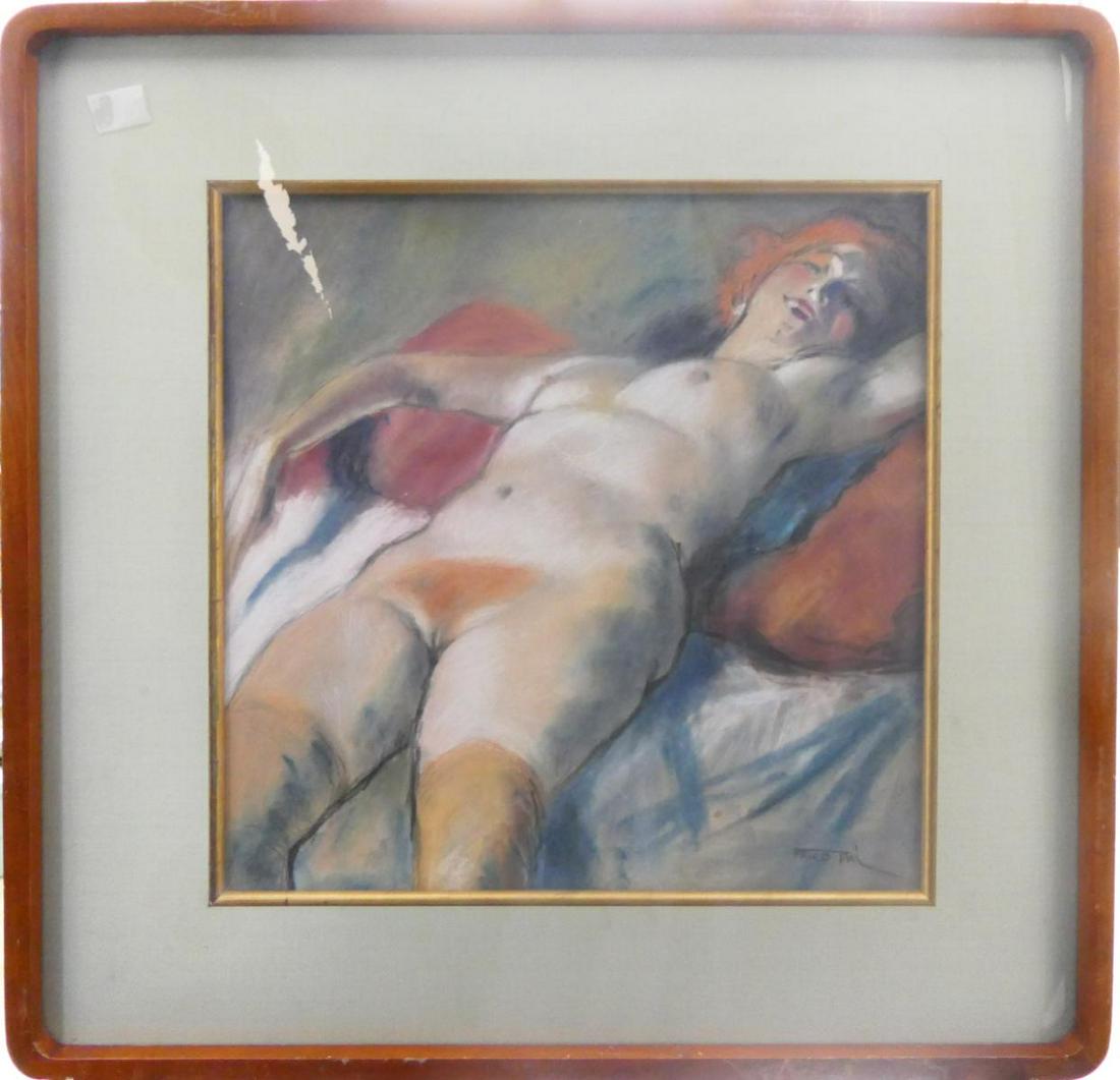 PAL FRIED (USA 1893-1976) NUDE FEMALE MIXED MEDIA: Pal Fried (HUNGARIAN / UNITED STATES / NEW YORK / CALIFORNIA, 1893 - 1976) mixed media watercolor and pastel work on paper depicting a reclining nude female. Signed to lower right. Mounted in a wooden