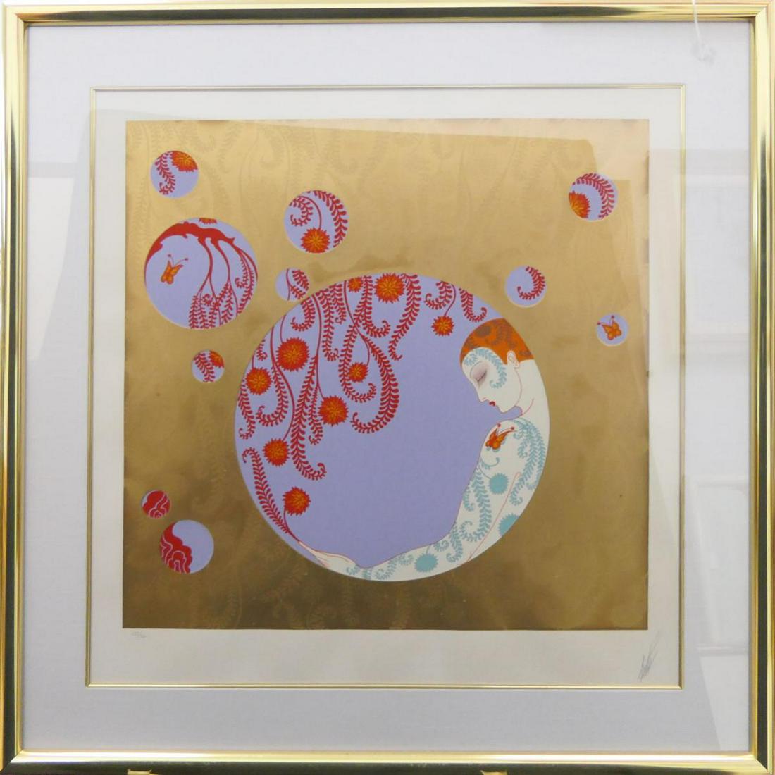 ERTE "SPRING SHADOWS" GOLD PENCIL SIGNED SERIGRAPH: Romain De Tirtoff "Erte" (FRANCE / NEWY YORK / RUSSIAN FEDERATION, 1892 - 1990) limited edition serigraph with gold leaf titled "Spring Shadows". Pencil signed lower right and pencil numbered 137/150