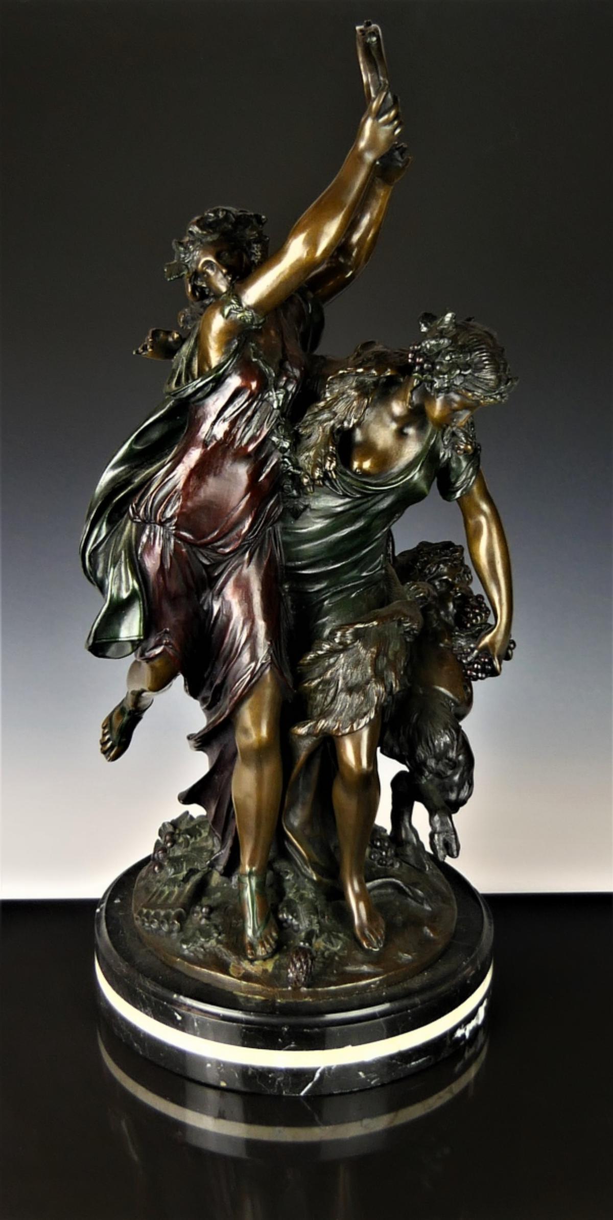 AFTER CLODION "BACCHANALE" LATE 19TH CENT. BRONZE: French Patinated Bronze of a Bacchanale, fourth quarter 19th century, after Claude Michel, known as Clodion (French, 1738-1814), presented on a round molded marble plinth, h. 18", w. 8", d. 8". Third 