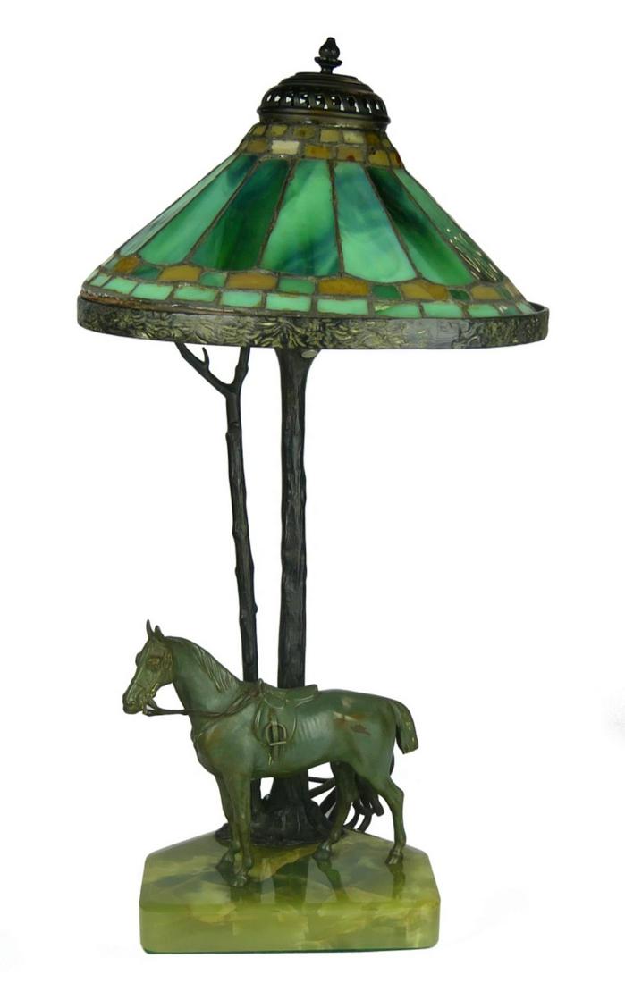 FANTASTIC DECO BRONZE DECO LAMP WITH HORSE & SHADE: All original. Deco 1920's lamp, featuring a saddled bronze horse standing on a onyx base. Lamp pole is all bronze in the shape of a tree. Has a Tiffany green molten slag glass shade of 4" tall . No ap