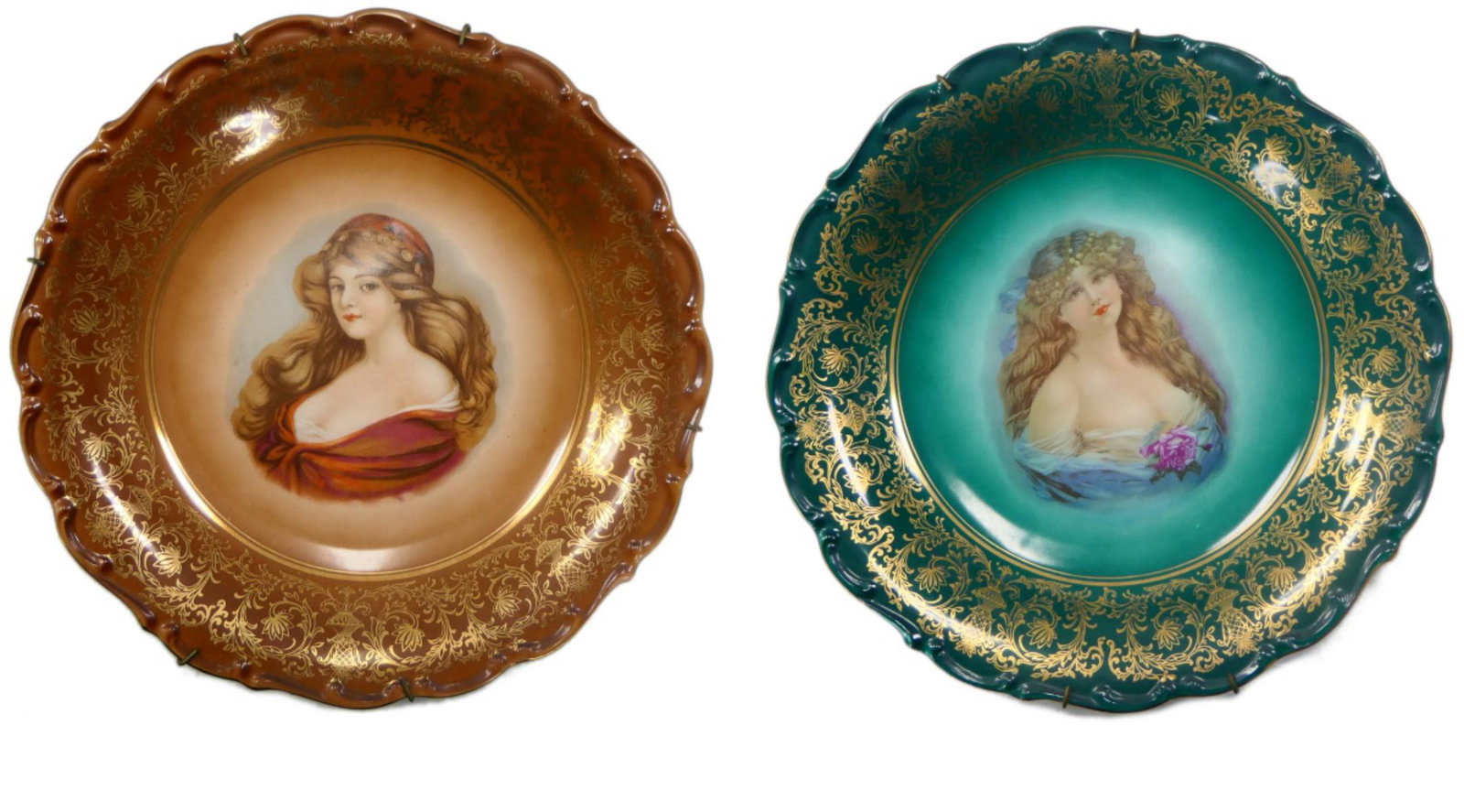 2 ANTIQUE GERMAN PORCELAIN PORTRAIT PLATE CHARGERS: A lot of 2 antique Bavarian porcelain portrait plate wall chargers depicting young ladies. Each with hallmark. Each measures approx. 11 3/4" diameter (29.8cm).
