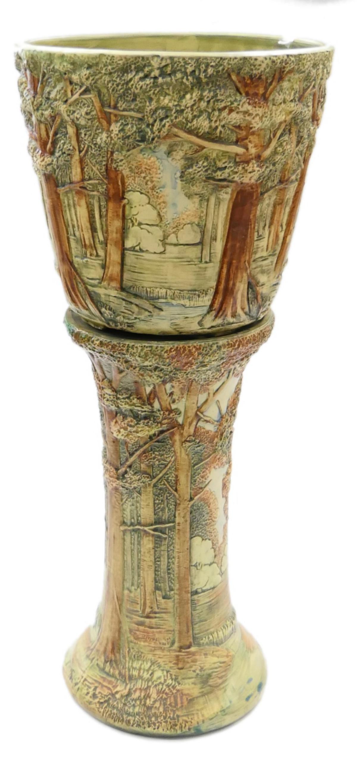 WELLER FORREST JARDINERE & PEDESTAL: Weller Pottery Forest Jardiniere & Pedestal. Large jardiniere & pedestal decorated with a wooded scene having tall tree trunks, low brush and foliage on the branches; both pieces are in excellent cond
