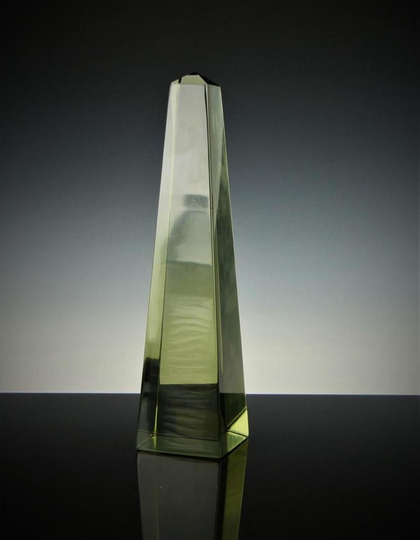 PAOLO VENINI SMOKEY QUARTZ ART GLASS OBELISK: Probably mid century, Paolo Venini (ITALIAN, 1895 - 1959) hand blown smokey quartz tone art glass obelisk phallic sculpture. Acid etched "Venini Murano ITALIA" mark to bottom. Measures approx. 8" heig