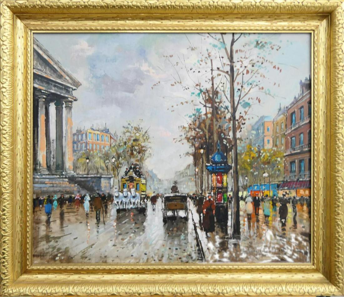 ANTOINE BLANCHARD (FRANCE 1910-1988) STREET OIL: Attributed to Antoine Blanchard (FRENCH, 1910 - 1988) French impressionist street scene oil painting on canvas. Signed to lower right. Mounted in a gold painted wooden frame. Canvas on stretcher measu