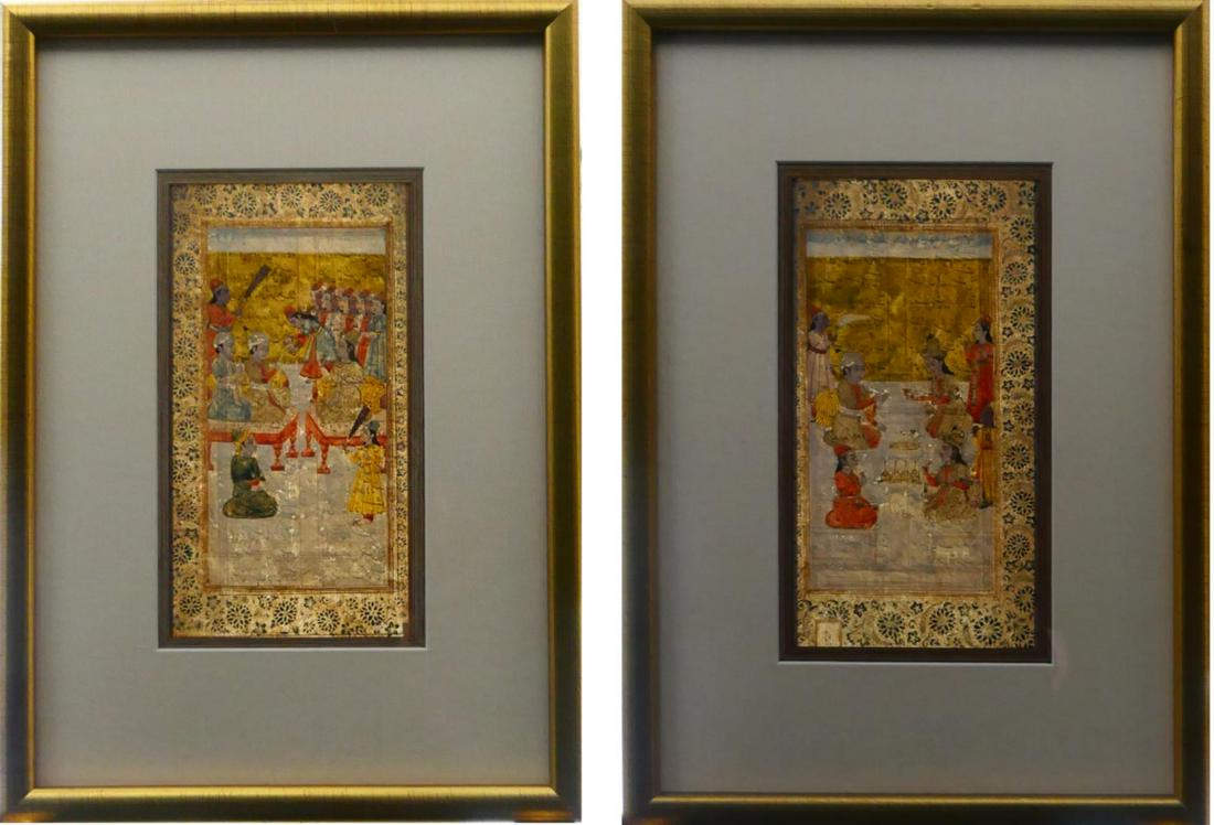 Pr 16th/17th C HAND PAINTED PERSIAN MANUSCRIPTS: Pair of antique, circa 16th / 17th century, hand painted oil on paper manuscript pages accented with gold paint depicting Shah royalty interior palace scenes Mounted in gold painted wooden frames with