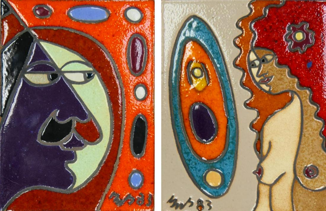 GUILLERMO W GRANIZO (USA 1911-1995) PAIR OF TILES: Guillermo Wagner Granizo (UNITED STATES / CALIFORNIA / MEXICO / GUATEMALA / NICARAGUA, 1911 - 1995) pair of pottery tiles depicting a man and woman and a nude female. Each signed and dated 1983. Inclu