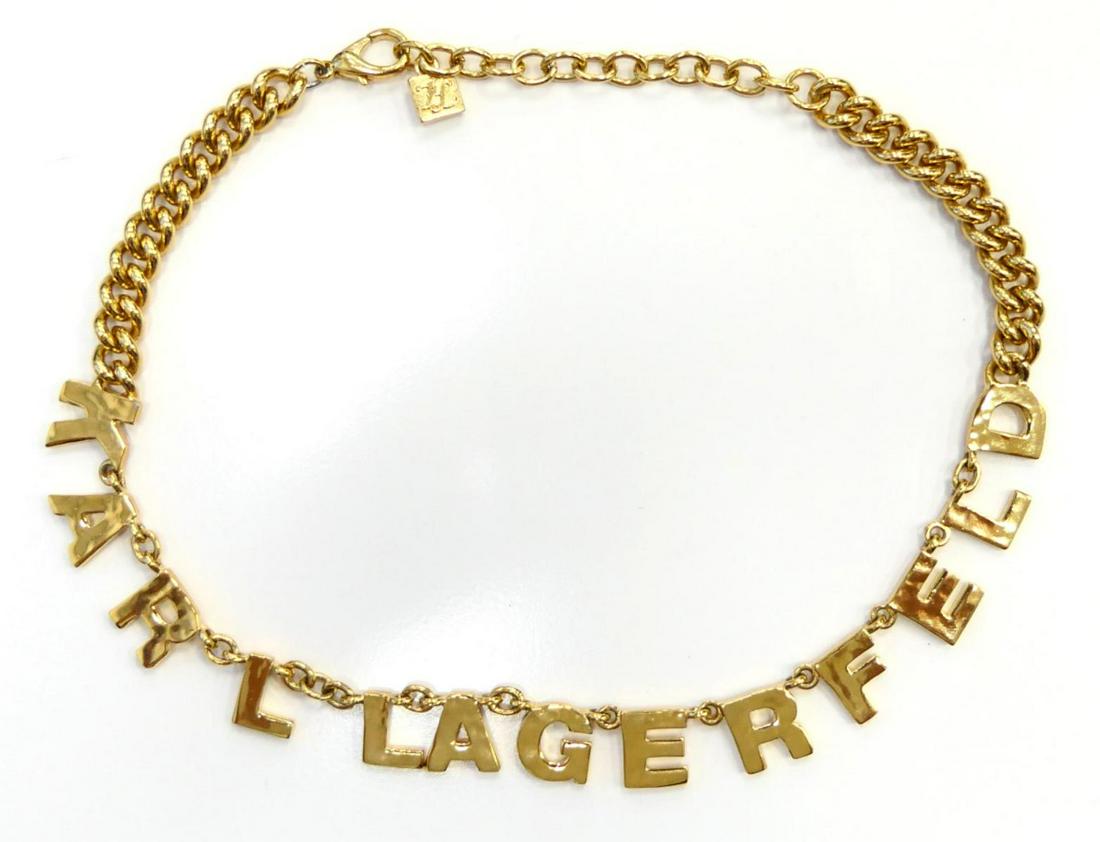 LOVELY KARL LAGERFELD GOLD TONE NECKLACE: Has Karl Lagerfeld on the necklace. 16" long, excellent condition. Has the KG mark. This was done for him NOT for Channel. Rare find. Third party shipping required