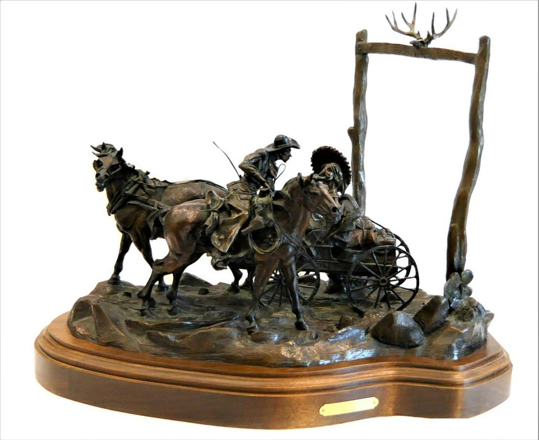 VIC PAYNE (USA b1960) "LEAVIN' RED RIVER" BRONZE: Vic Payne (UNITED STATES / WYOMING / NEW MEXICO, born 1960) large southwestern limited edition bronze group sculpture titled "Leavin' Red River". Mounted on a wooden base with museum name plaque appli