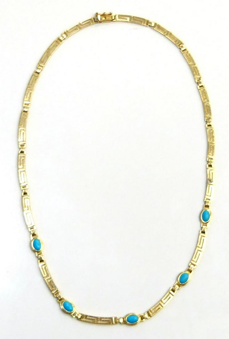 14KT Y. GOLD BYZANTINE STYLE NECKLACE W TURQUOISE: Measures about 16" long, has 5 small oval pieces of turquoise mounted in the necklace. In very good condition. Property of a Palm Beach Lady. Total weight just under 12 grams Third party shipping requ