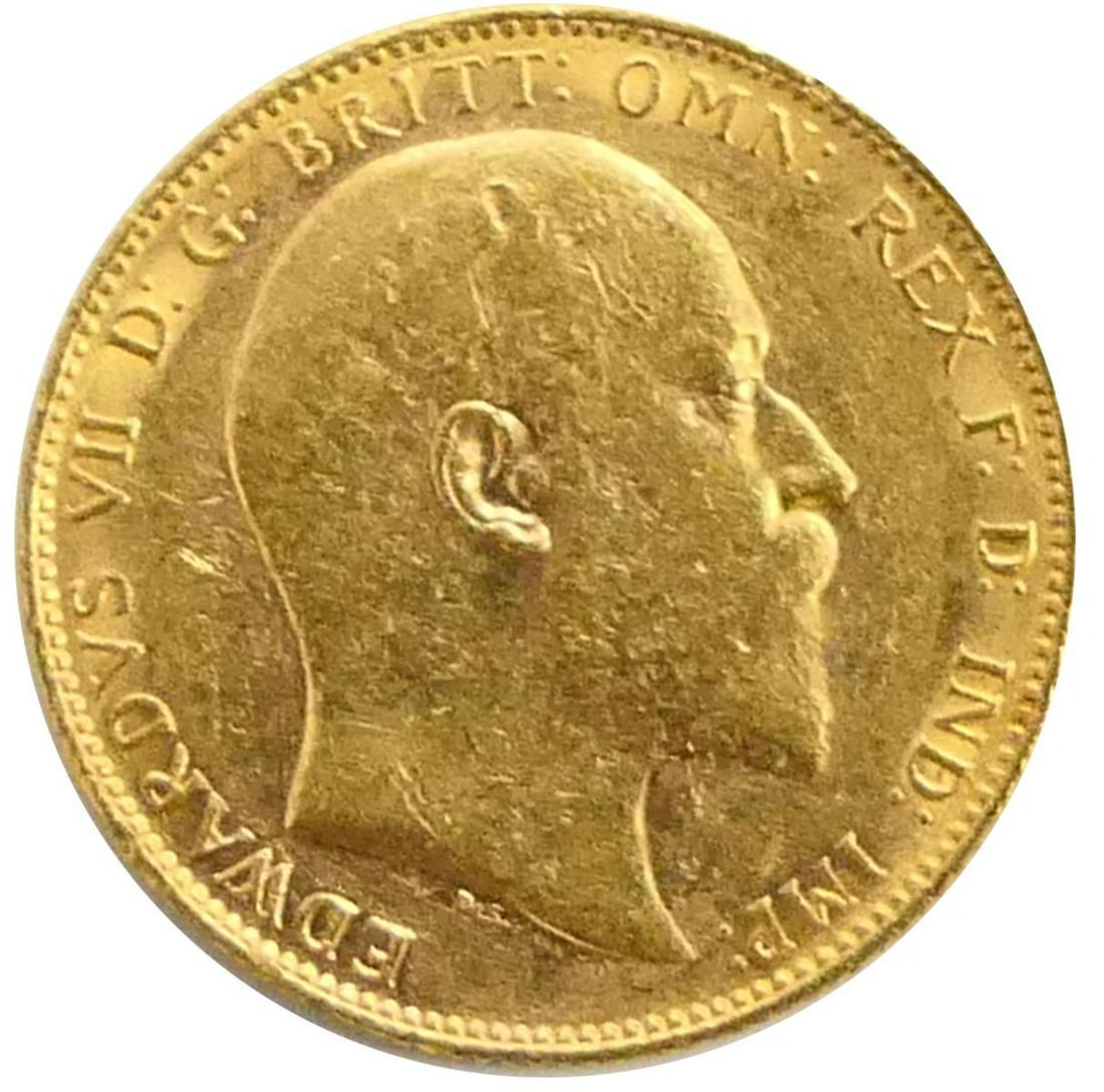 1902 GEORGE V SOVEREIGN 22K GOLD COIN: 22MM minted coin with milled edge. Obverse . Bare bust facing right B.M. on truncation Georgivs ; V.D.G Brittomn; Rex .D. ind imp. George slaying dragon to back. Third party shipping required