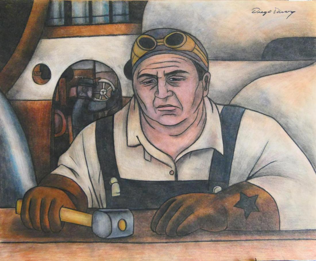 DIEGO RIVERA (MEXICO 1886-1957) CHALK MURAL STUDY: Attributed to Diego Rivera (MEXICAN / MICHIGAN / NEW YORK, 1886 - 1957) chalk drawing on thick artist paper depicting a study of a labor rights mural in Detroit, USA. Signed to upper right. Unframed.