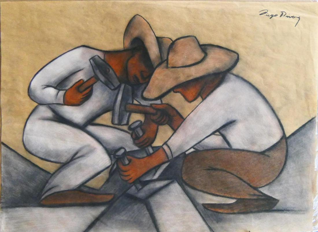 DIEGO RIVERA (MEXICO 1886-1957) CHALK & CHARCOAL: Diego Rivera (MEXICAN / MICHIGAN / NEW YORK, 1886 - 1957) chalk & charcoal work on thick artist paper depicting two men breaking stones with hammers and spikes. Signed to upper right. Unframed. Measur