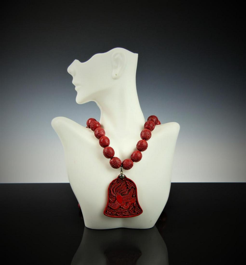 ANTIQUE CHINESE CINNABAR NECKLACE WITH PENDANT (1 of 9)