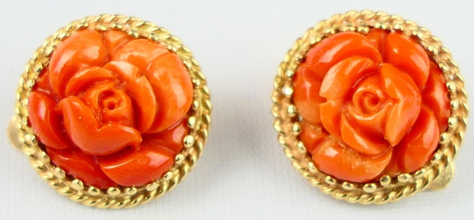 PAIR VINTAGE 14KT Y GOLD AND CARVED CORAL EARRINGS (1 of 3)